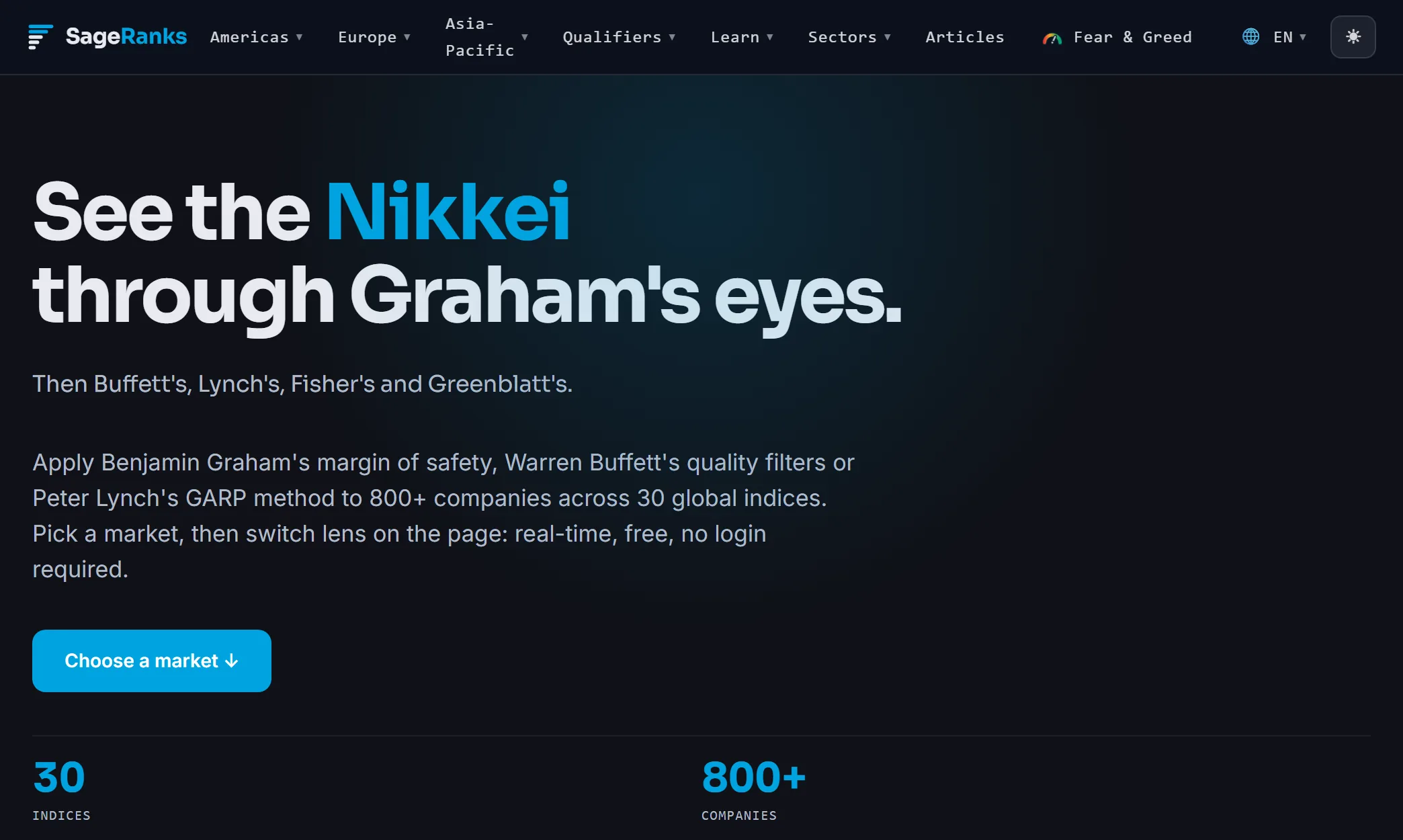 The SageRanks front page, showing the lens selector and the coverage figures